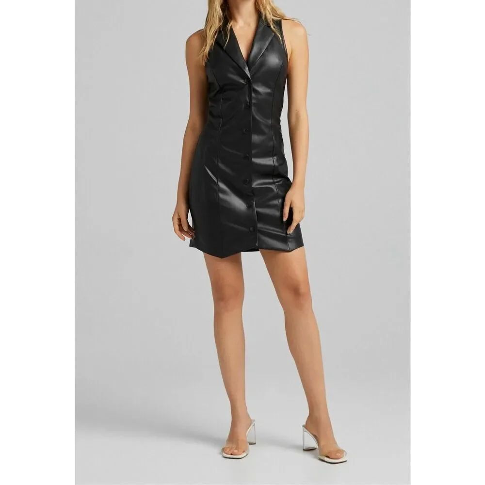 ✨Bershka Shift Button Down Sleeveless Leather Black Sz XS Dress✨